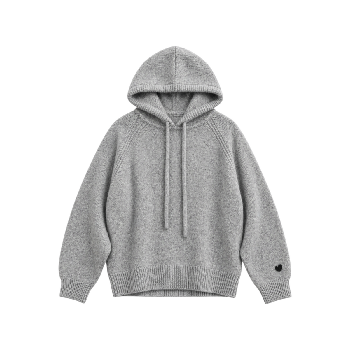 The Tiny Finch grey cashmere Karr hoodie with a drawstring hood and a small black heart detail on the sleeve.