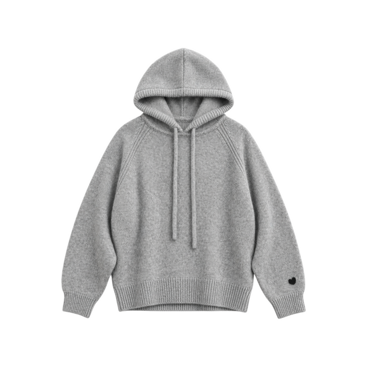 The Tiny Finch grey cashmere Karr hoodie with a drawstring hood and a small black heart detail on the sleeve.