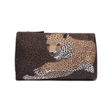 The Tiny Finch medium brown pouch in recycled polyester featuring a leopard print design and leather accents.