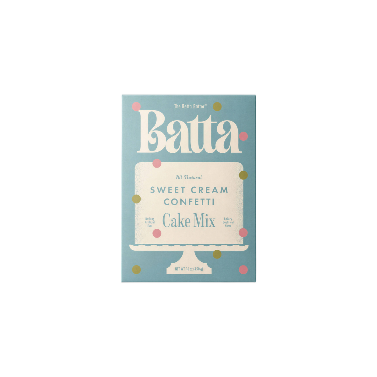 The Tiny Finch Batta Sweet Cream Confetti cake mix box in light blue with colorful sprinkles and white cake graphic.