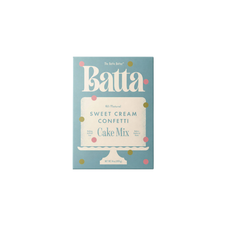The Tiny Finch Batta Sweet Cream Confetti cake mix box in light blue with colorful sprinkles and white cake graphic.