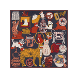 The Tiny Finch Square Collectionneur scarf in duck blue silk and modal featuring a whimsical cat and tiger print.