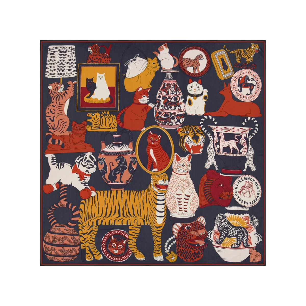 The Tiny Finch Square Collectionneur scarf in duck blue silk and modal featuring a whimsical cat and tiger print.