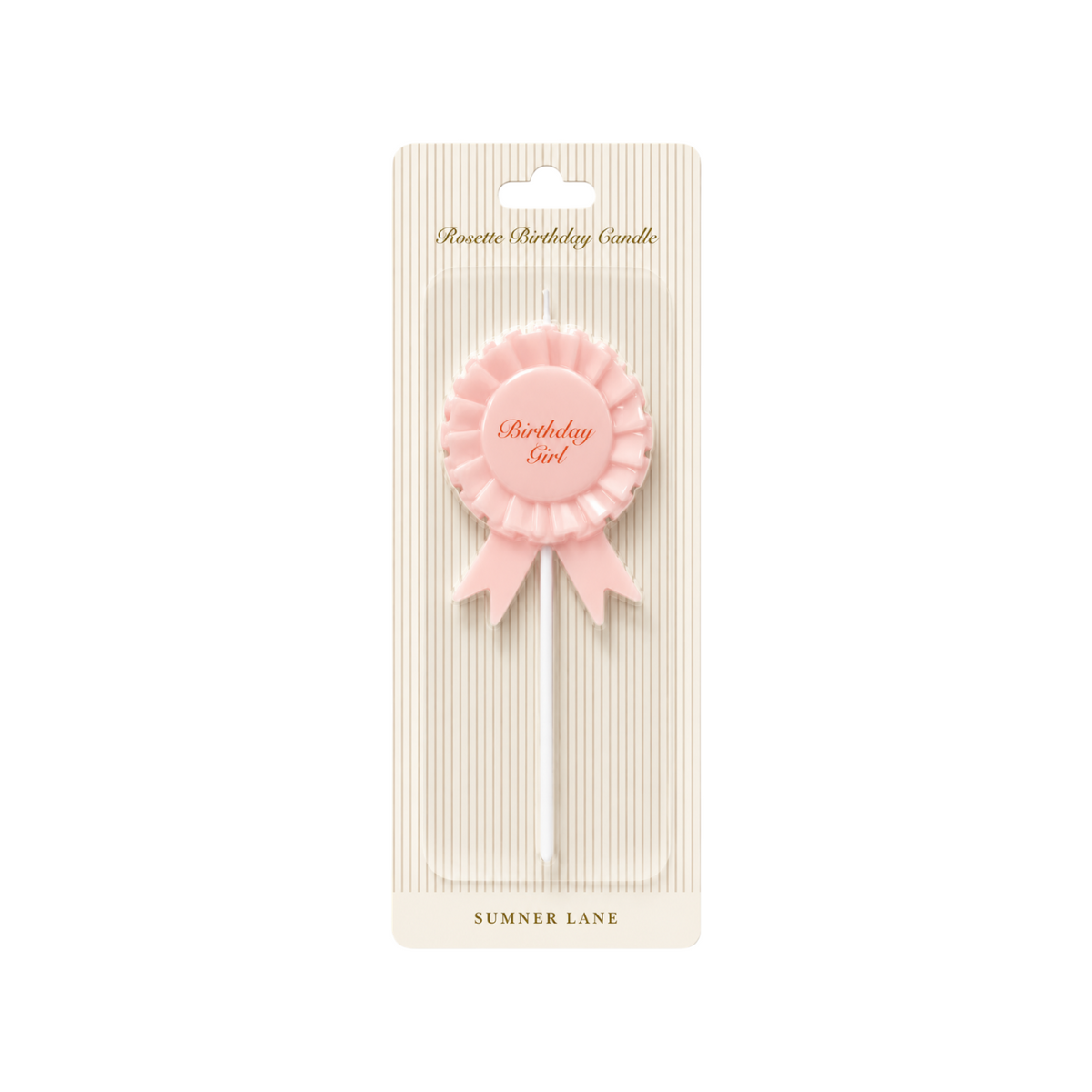 The Tiny Finch Birthday Girl rosette candle in blush pink with elegant script lettering on a display card.