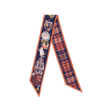 The Tiny Finch Twilly Collectionneur silk scarf featuring eclectic animal and vase motifs with a plaid reverse side.