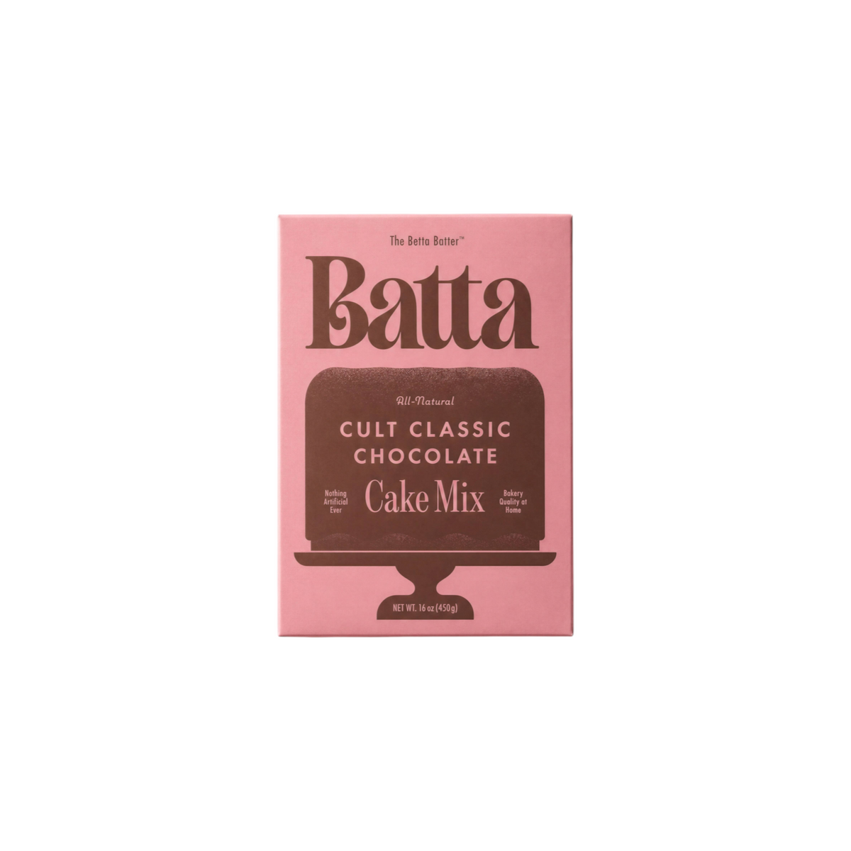 The Tiny Finch Batta Cult Classic Chocolate cake mix box in pink packaging on a matching pink background.