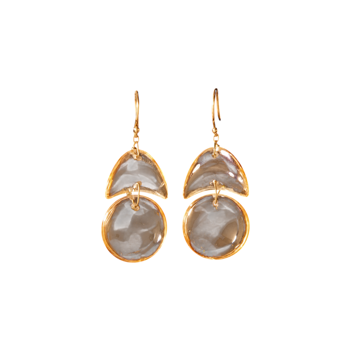 The Tiny Finch handmade citrine earrings featuring hand-cut moon and circle stones on 18k gold ear wires.
