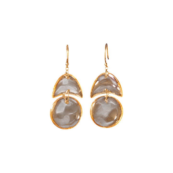 The Tiny Finch handmade citrine earrings featuring hand-cut moon and circle stones on 18k gold ear wires.