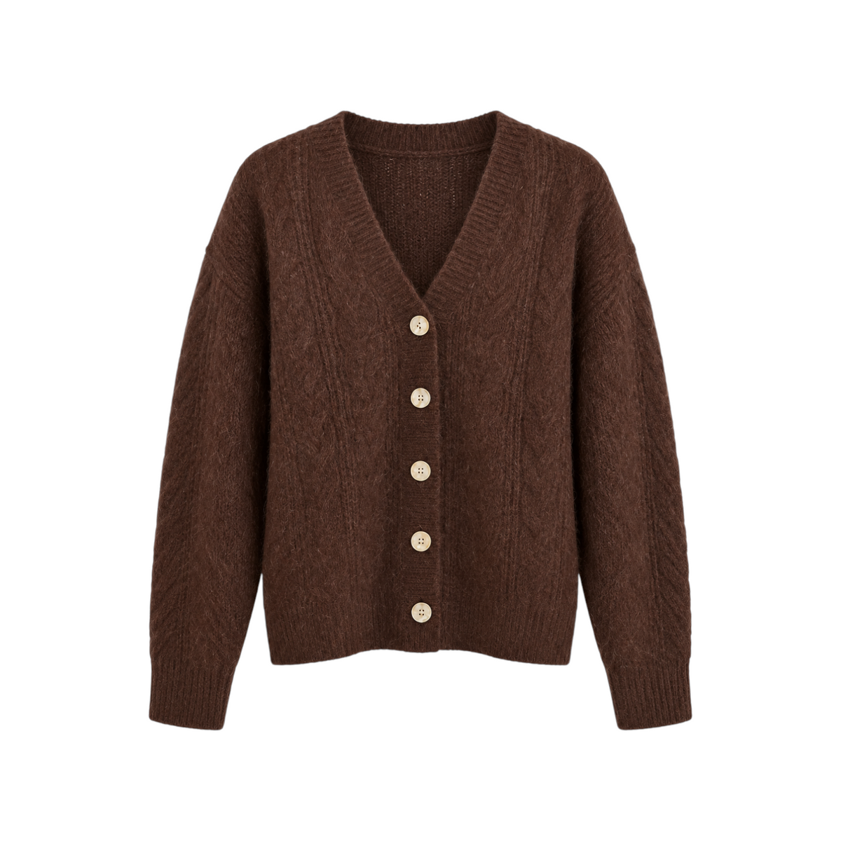 The Tiny Finch Amara Americano brown cashmere and silk blend cardigan with a V-neck and button-front closure.