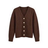 The Tiny Finch Amara Americano brown cashmere and silk blend cardigan with a V-neck and button-front closure.