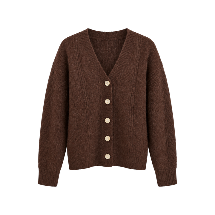 The Tiny Finch Amara Americano brown cashmere and silk blend cardigan with a V-neck and button-front closure.