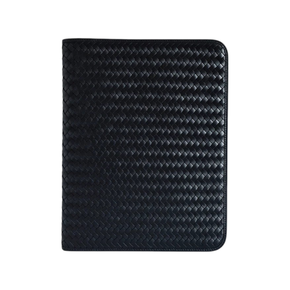 The Tiny Finch navy blue handwoven leather portfolio with a mid-century inspired professional design.
