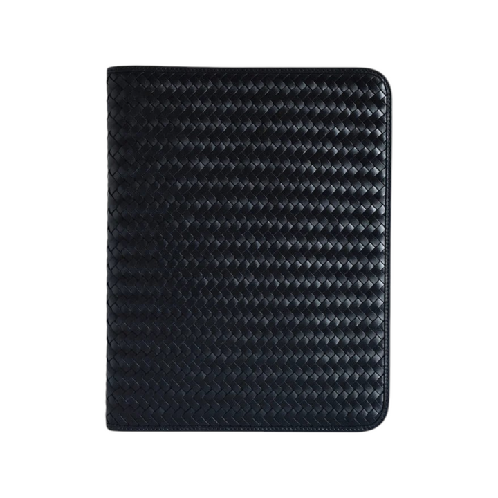 The Tiny Finch navy blue handwoven leather portfolio with a mid-century inspired professional design.