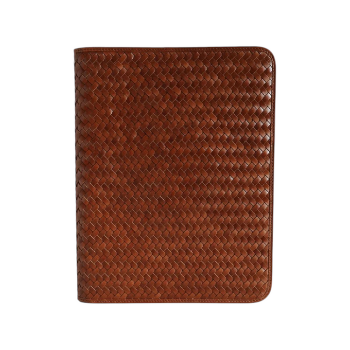 The Tiny Finch Arno Portfolio in sienna brown handwoven leather with a professional mid-century design.