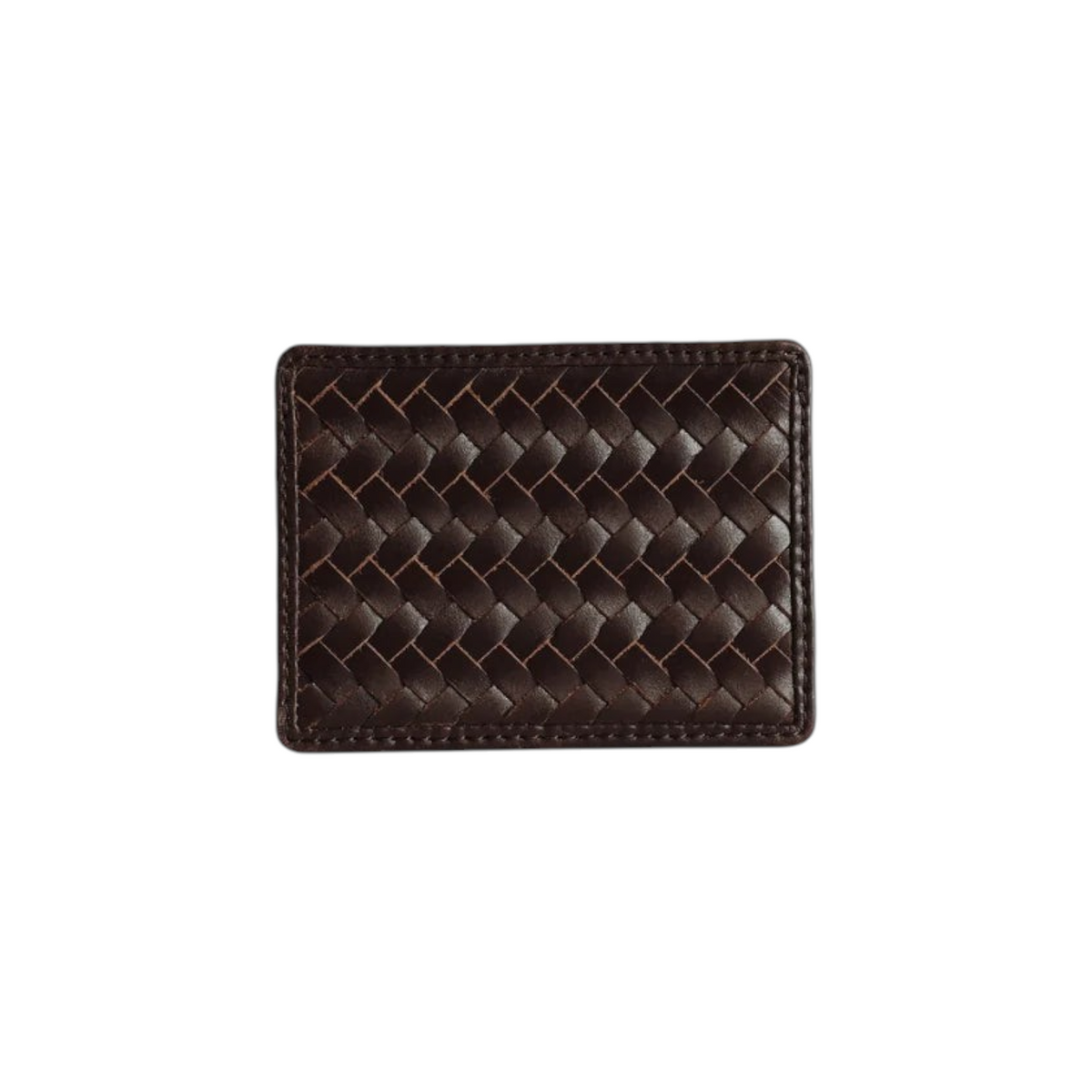 The Tiny Finch Nico card case in espresso brown handwoven leather with two slots and a slim minimalist design.