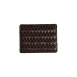 The Tiny Finch Nico card case in espresso brown handwoven leather with two slots and a slim minimalist design.