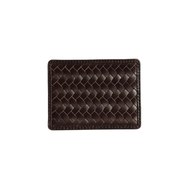 The Tiny Finch Nico card case in espresso brown handwoven leather with two slots and a slim minimalist design.