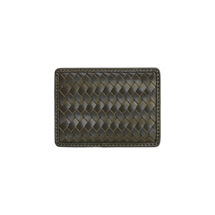 The Tiny Finch Nico olive green slim card case in handwoven leather with two card slots and a slip pocket.