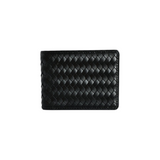 The Tiny Finch Otis bi-fold wallet in black handwoven leather with a classic menswear-inspired design.