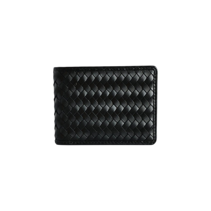 The Tiny Finch Otis bi-fold wallet in black handwoven leather with a classic menswear-inspired design.