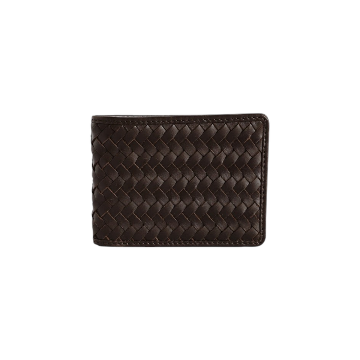 The Tiny Finch Otis bi-fold wallet in espresso brown handwoven leather with a classic menswear-inspired design.