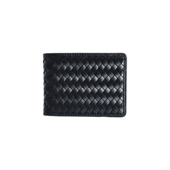 The Tiny Finch Otis navy blue bi-fold wallet crafted from handwoven leather with a classic menswear-inspired design.