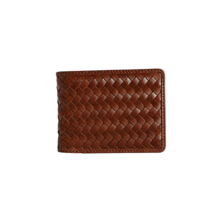 The Tiny Finch Otis bi-fold wallet in sienna brown handwoven leather with a classic menswear-inspired design.