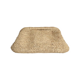 The Tiny Finch Bembien Costa Clutch in natural raffia with a coin purse silhouette and slim cutout handles.