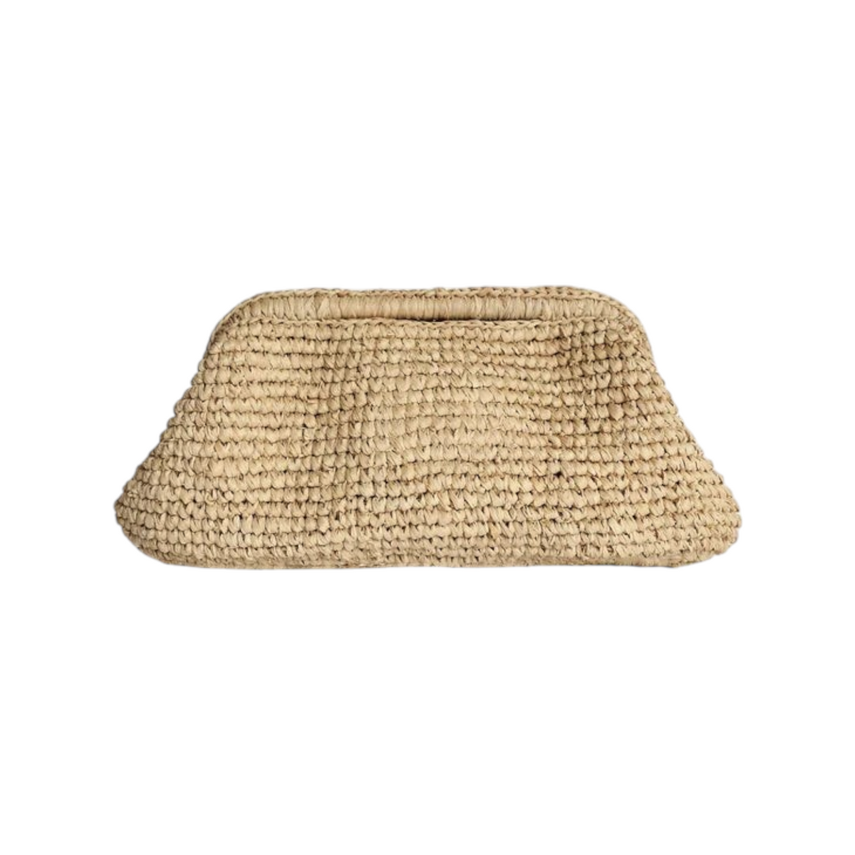 The Tiny Finch Bembien Costa Clutch in natural raffia with a coin purse silhouette and slim cutout handles.