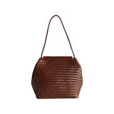 The Tiny Finch Vera Sienna handwoven brown leather shoulder bag with a braided strap and structured base