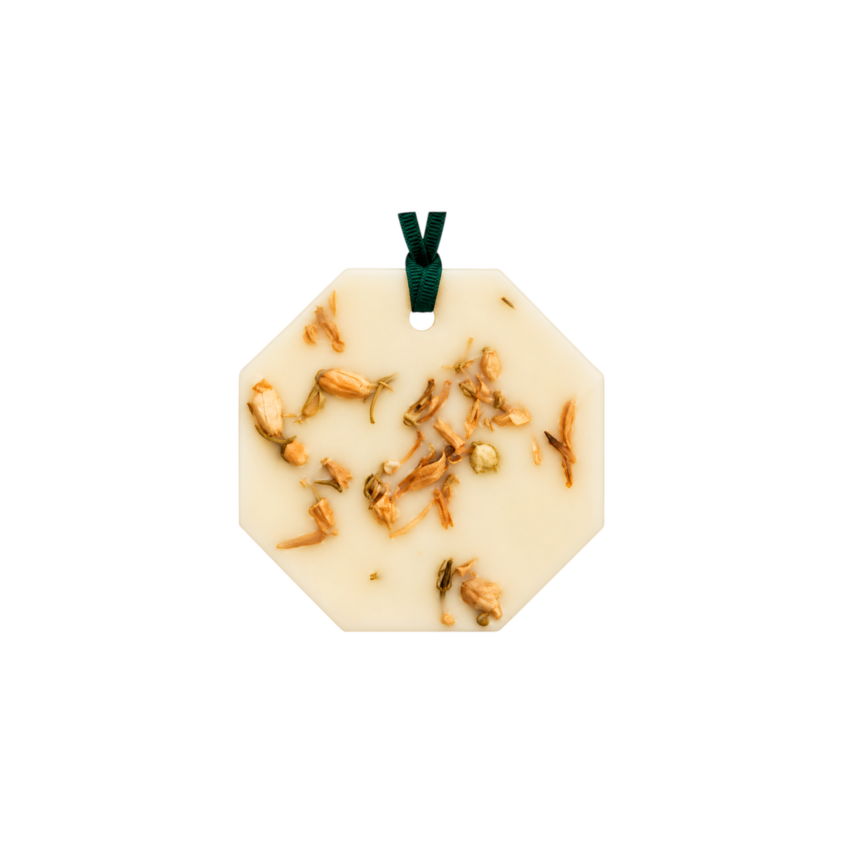 The Tiny Finch orange blossom scented botanical wax palet with dried flower petals and a green hanging ribbon