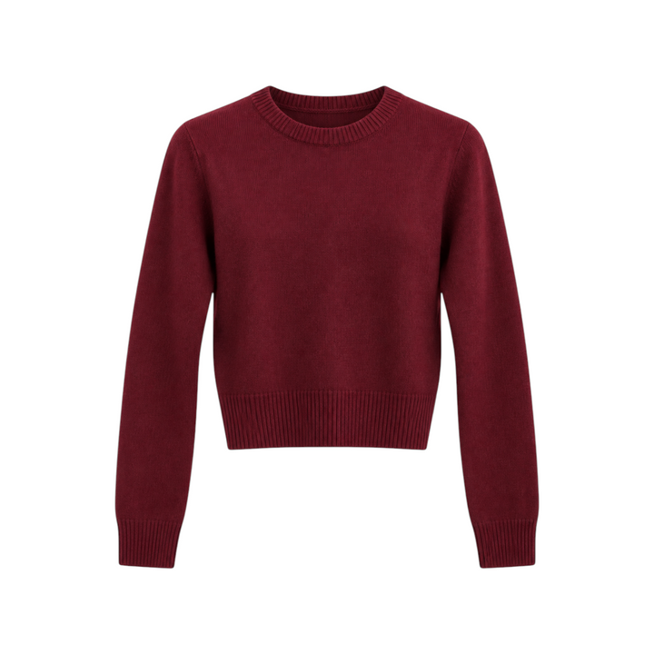 The Tiny Finch burgundy crew-neck sweater in soft cashmere with ribbed cuffs and hem.