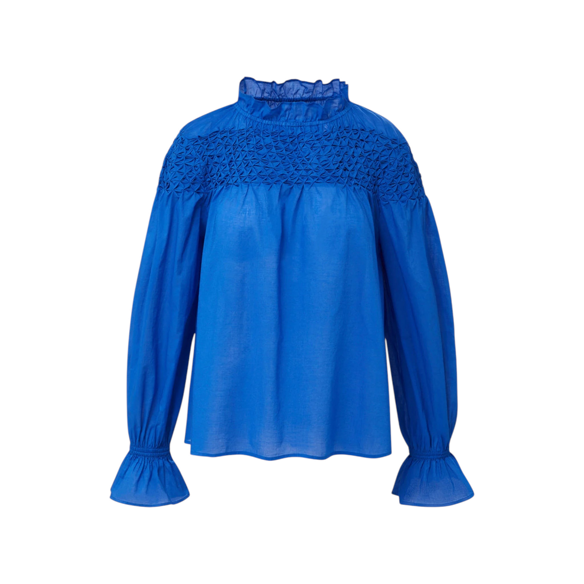 The Tiny Finch Majorelle blouse in ultramarine blue Pima cotton with hand-smocked yoke and ruffled collar and cuffs.