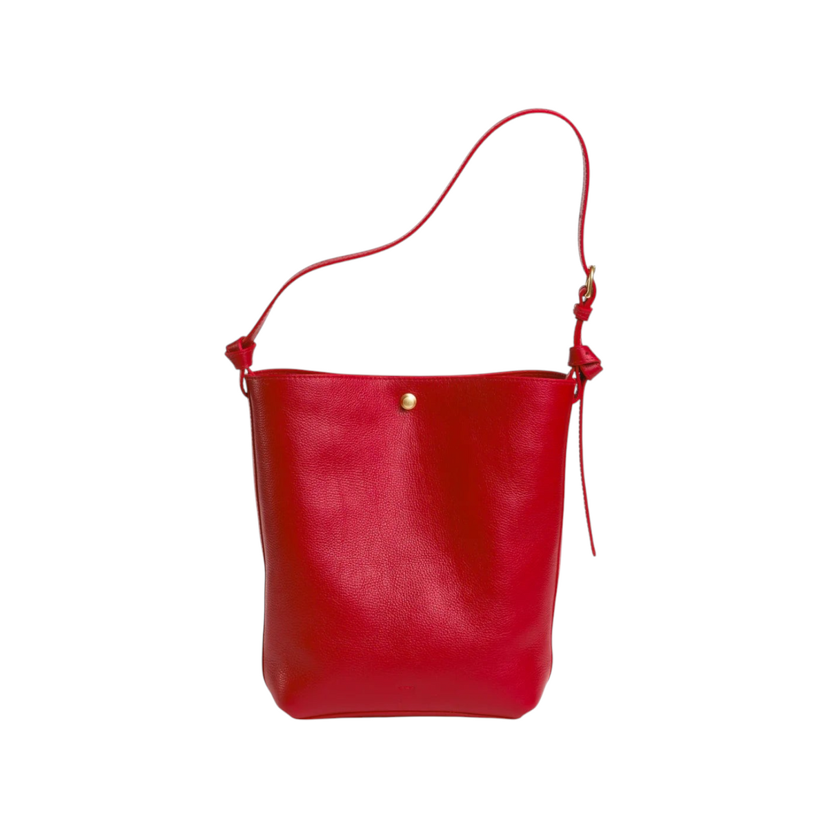 The Tiny Finch Lee Carmine bucket tote in red vegetable tanned leather with adjustable strap and brass hardware.