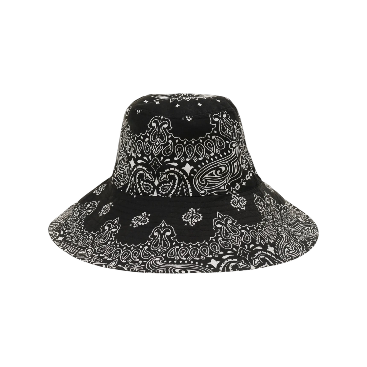 The Tiny Finch black and white cotton capeline hat featuring a detailed paisley bandana print pattern.