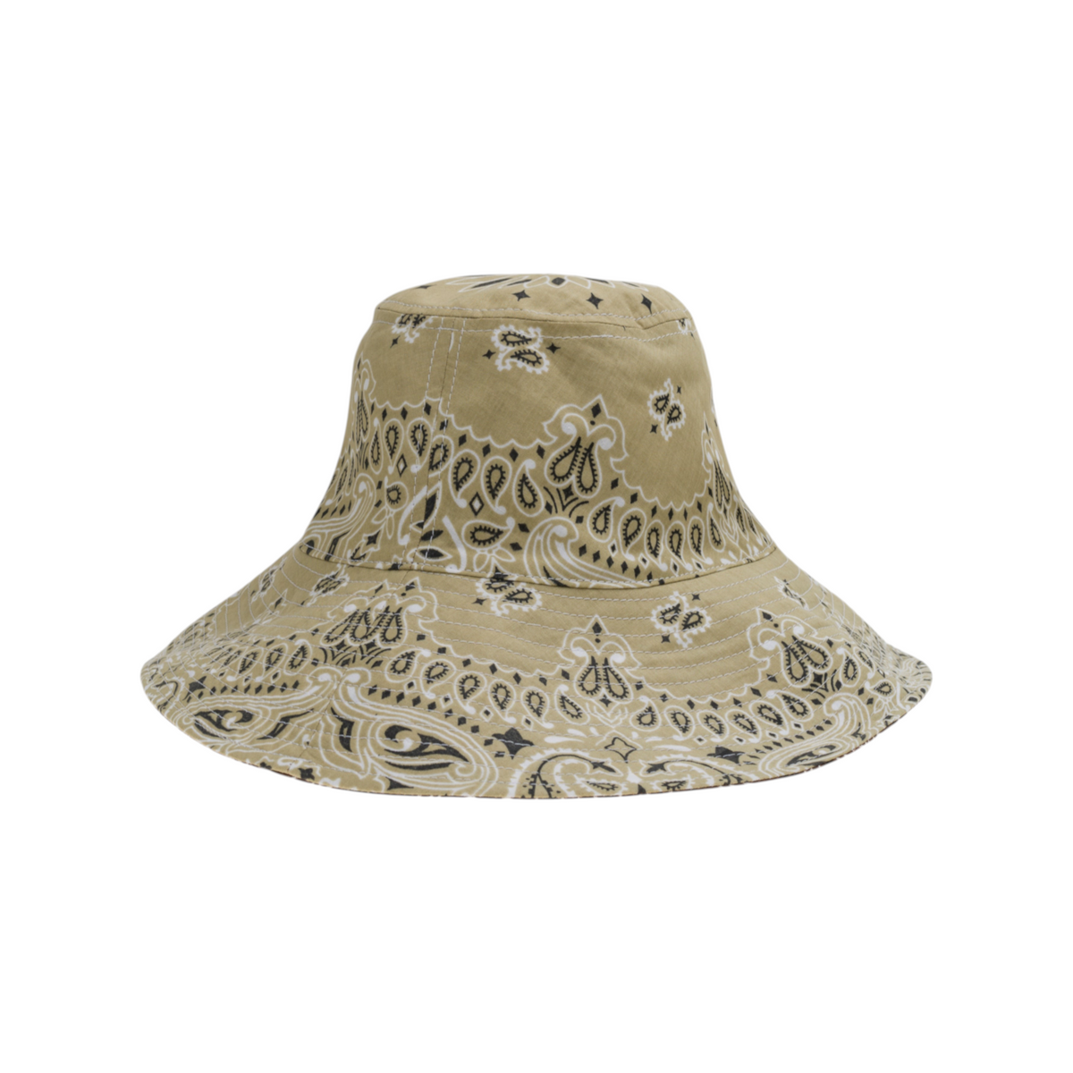 The Tiny Finch beige cotton capeline hat featuring a black and white paisley bandana print and wide brim