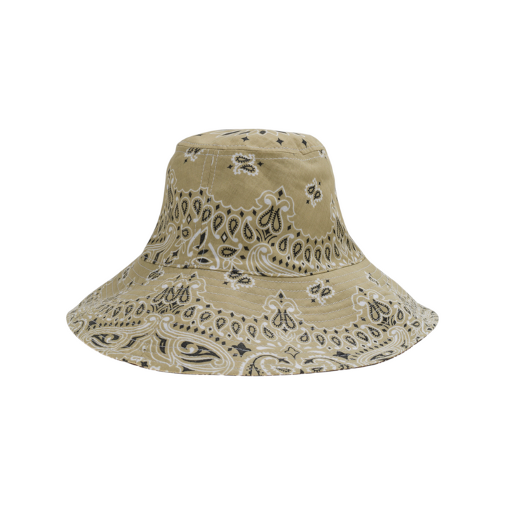 The Tiny Finch beige cotton capeline hat featuring a black and white paisley bandana print and wide brim