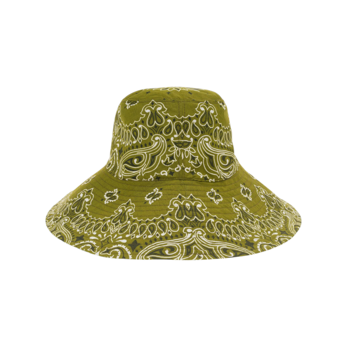 The Tiny Finch bronze cotton capeline hat with a white paisley bandana print and wide brim