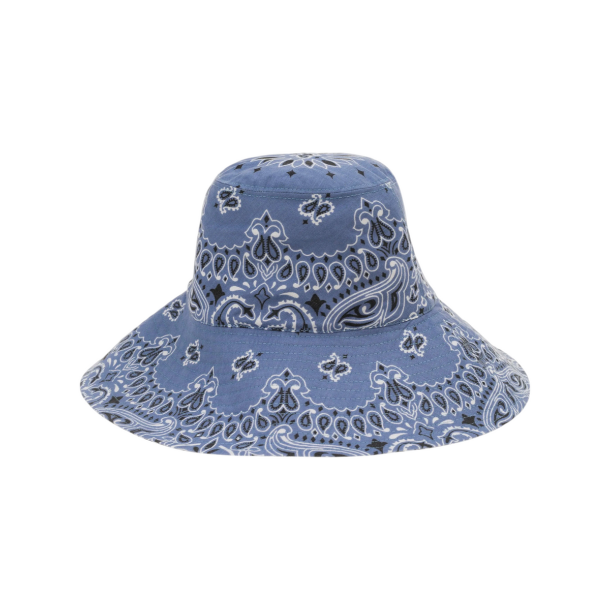 The Tiny Finch blue cotton capeline hat featuring a white and black paisley bandana print pattern.