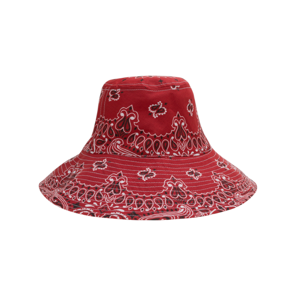 The Tiny Finch vintage red cotton capeline hat featuring a white bandana-style paisley print and stitched brim.