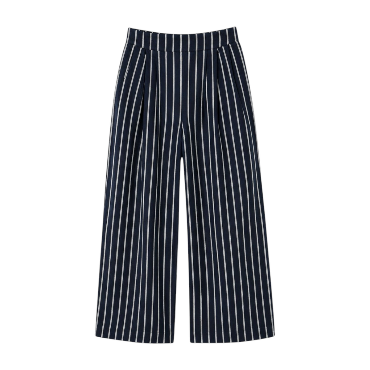 The Tiny Finch Kenny high-rise wide-leg linen pants in navy with white pinstripe detailing.