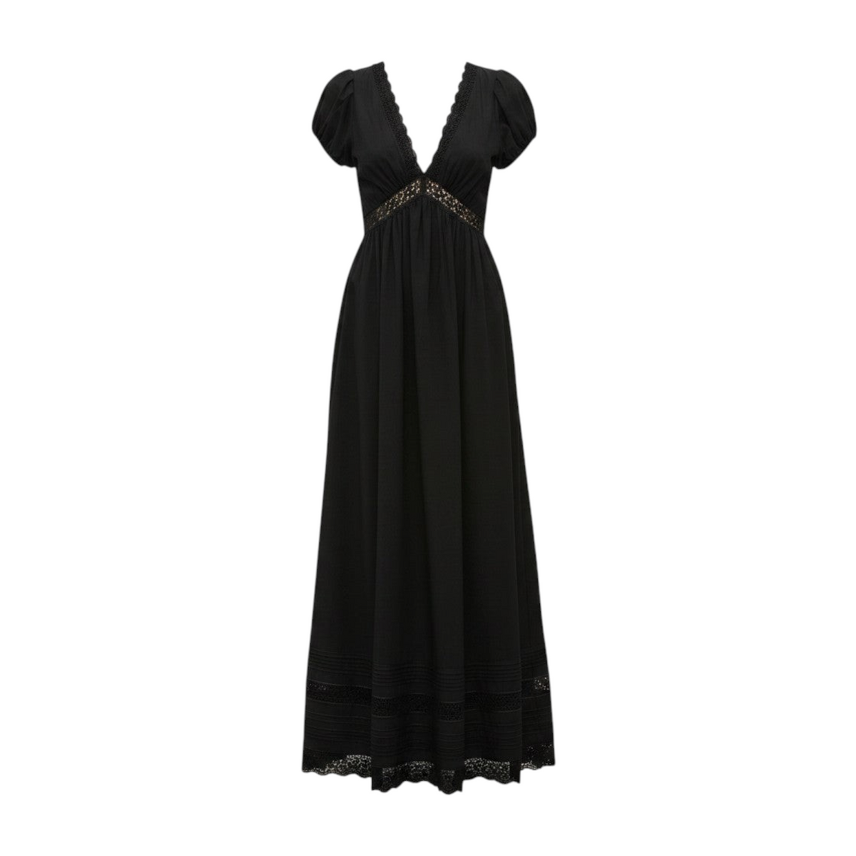The Tiny Finch Elodia black cotton midi dress featuring puff sleeves, V-neckline, and vintage-inspired lace trim.