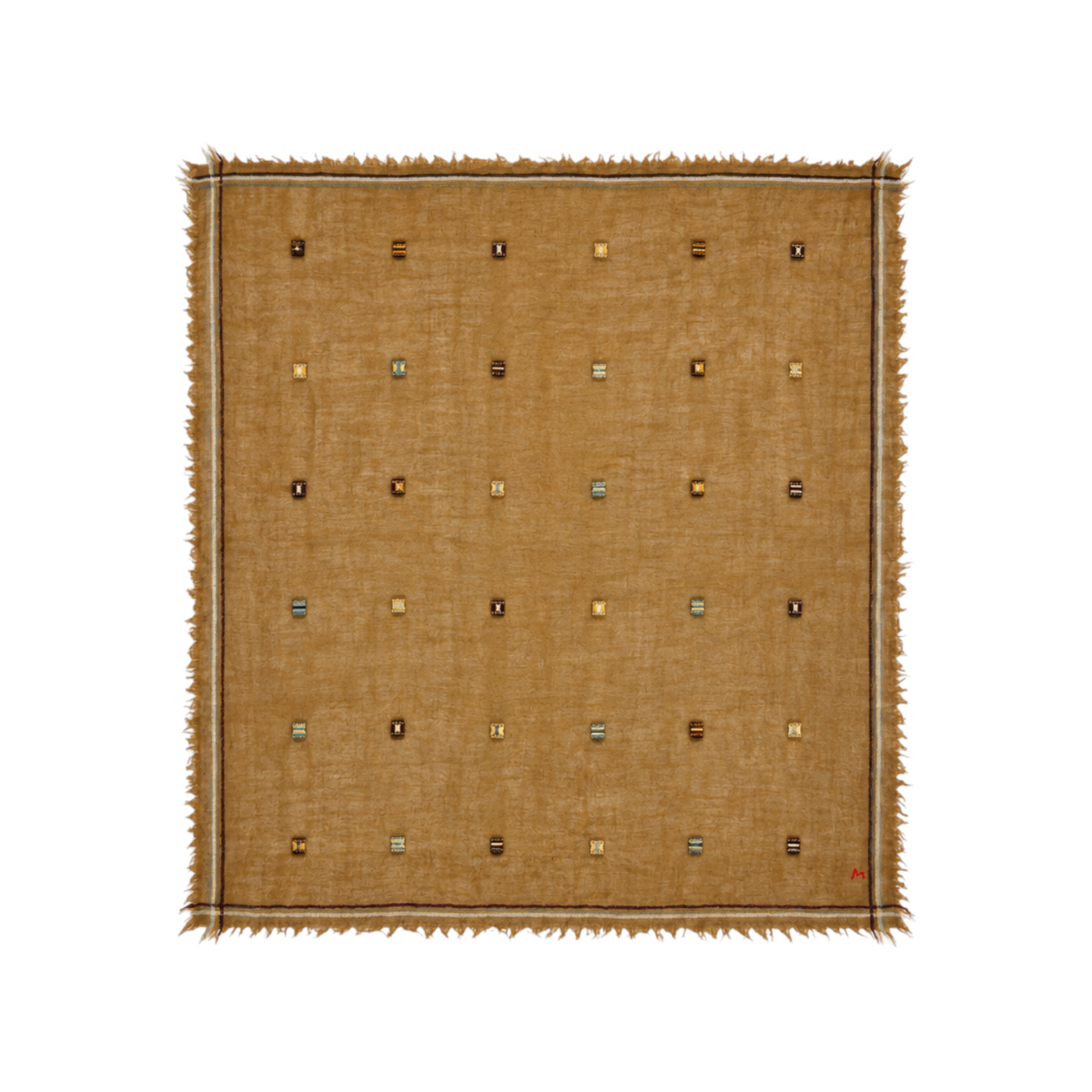 The Tiny Finch Moismont Chelsea henna wool scarf featuring handcrafted jamdani woven flag patterns and fringed edges.