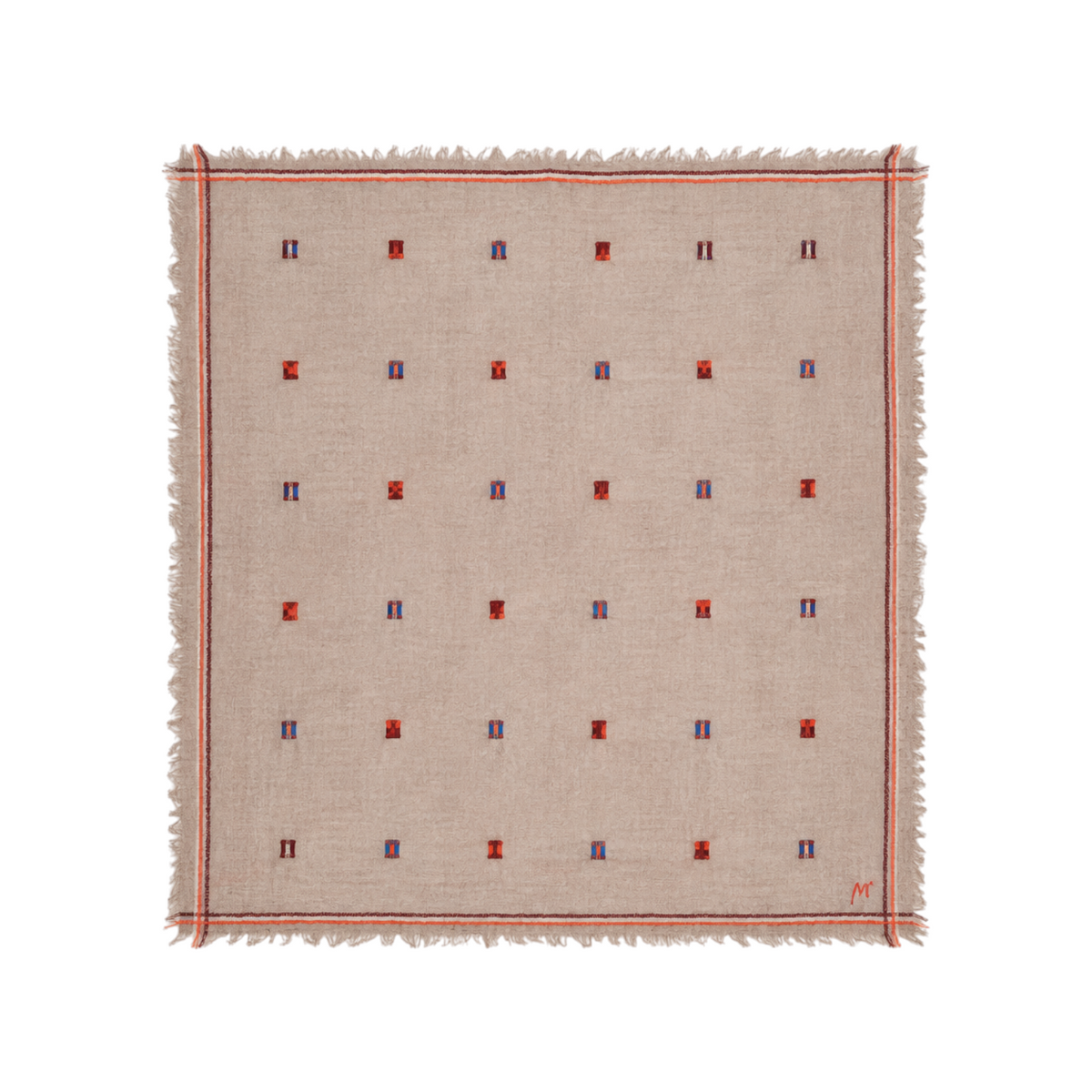 The Tiny Finch Moismont Chelsea N°815 square wool scarf in beige with handcrafted jamdani woven flag patterns.