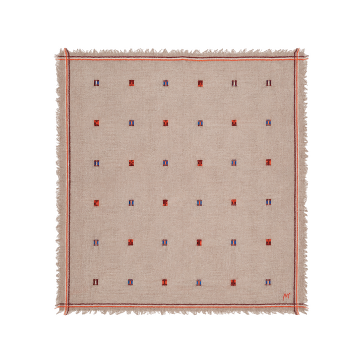 The Tiny Finch Moismont Chelsea N°815 square wool scarf in beige with handcrafted jamdani woven flag patterns.