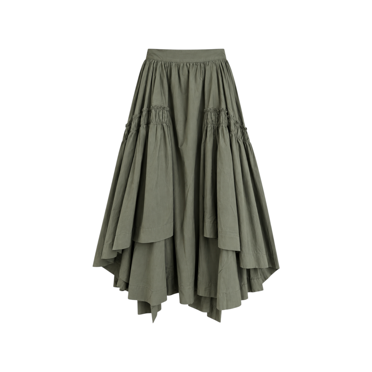 The Tiny Finch Brigida poplin skirt in olive green featuring a gathered tiered design and a voluminous midi silhouette.