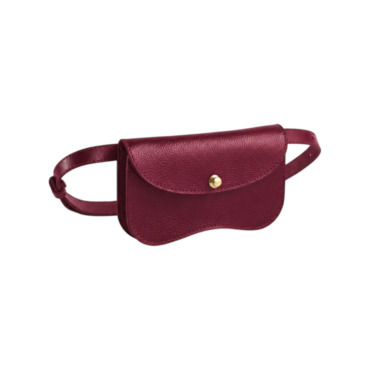 The Tiny Finch Faba Sumac burgundy pebble leather belt bag with a curved flap and gold snap closure