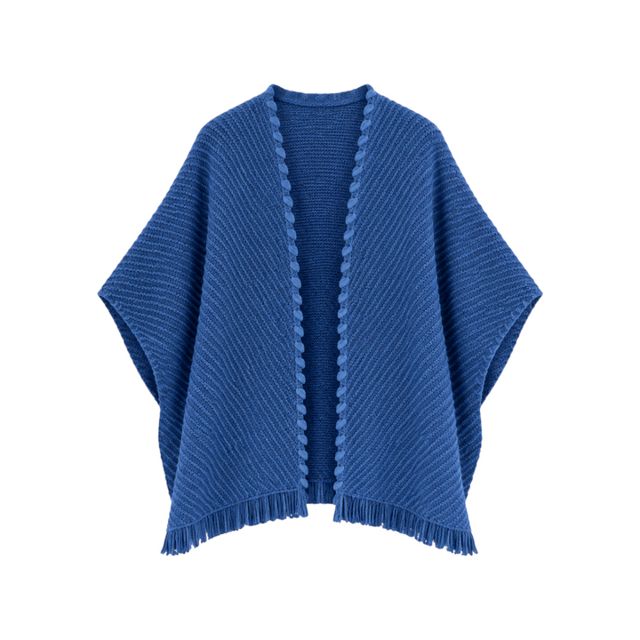 The Tiny Finch denim blue handwoven merino wool and Tencel cardigan with whipstitch trim and fringe hem