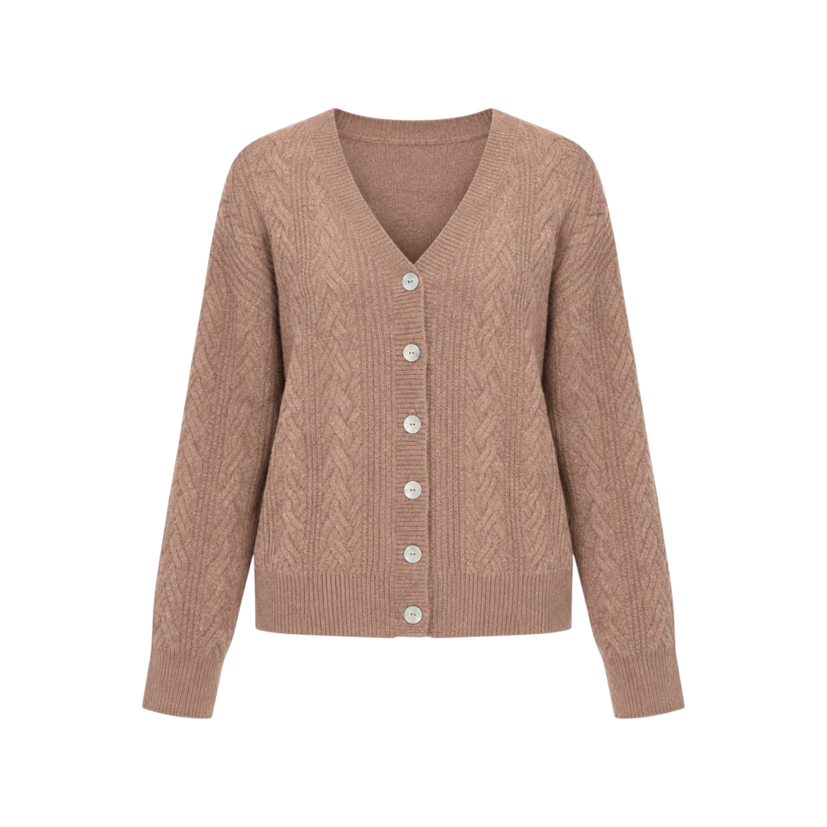 The Tiny Finch Amara fawn cashmere and silk blend cardigan with cable knit texture and front button closure.