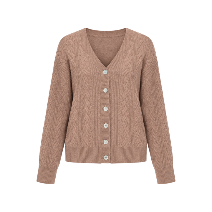 The Tiny Finch Amara fawn cashmere and silk blend cardigan with cable knit texture and front button closure.